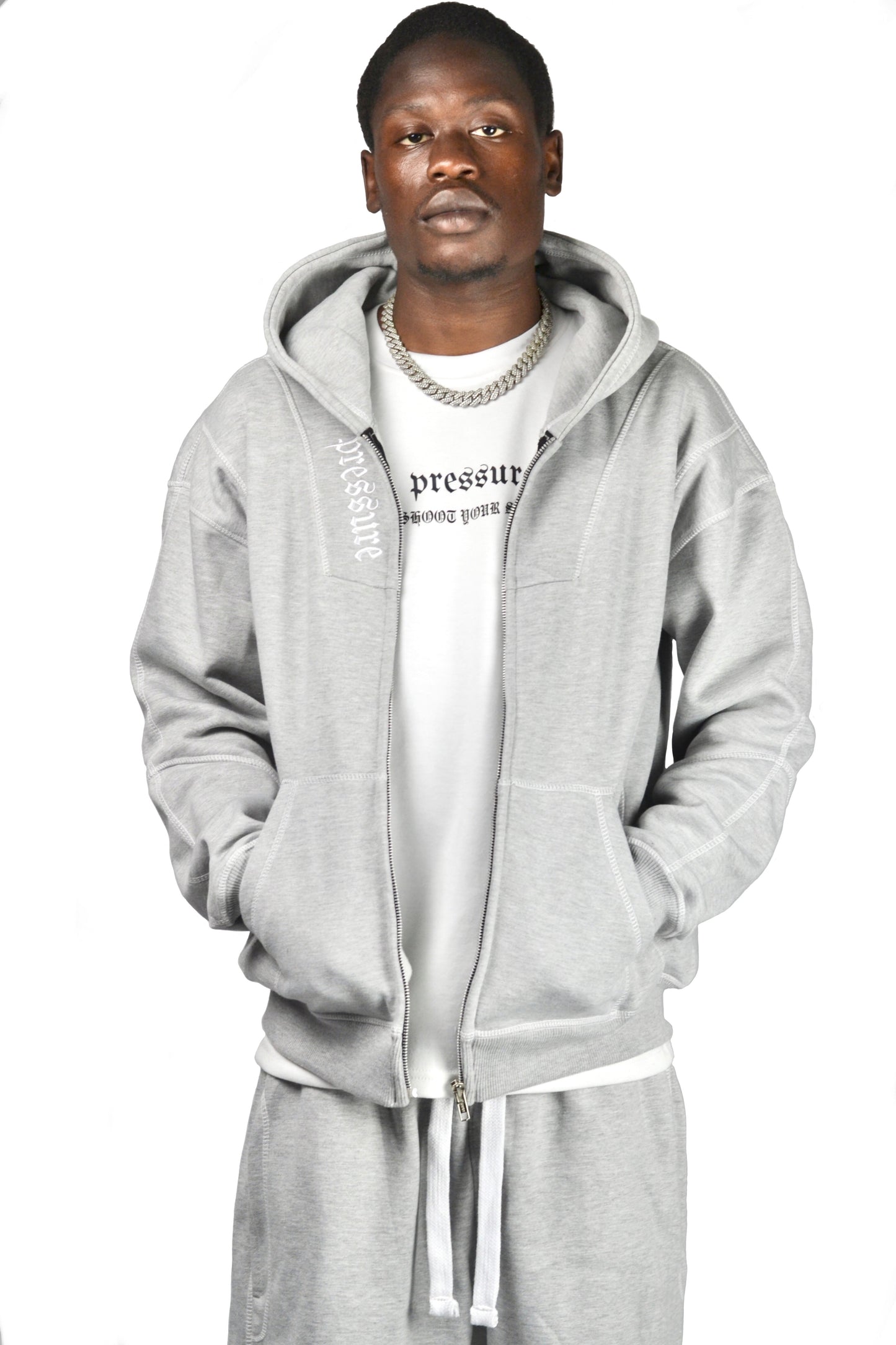 GREY REVERSE STITCH Zip Up HOODIE