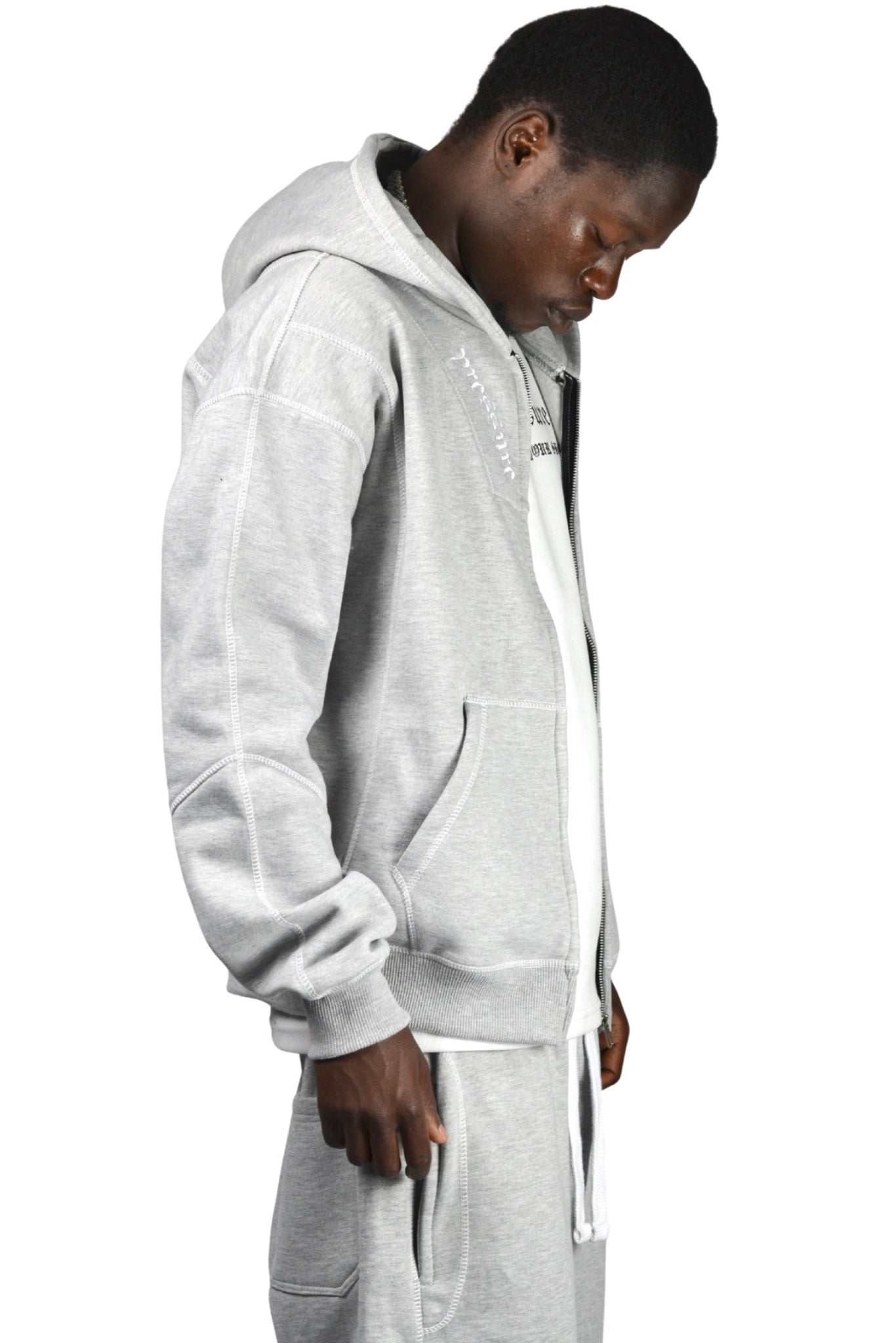 GREY REVERSE STITCH Zip Up HOODIE