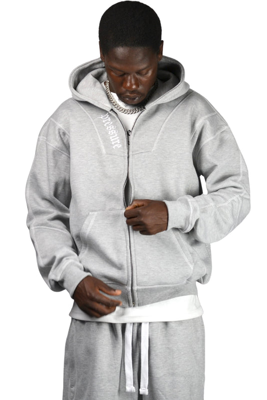 GREY REVERSE STITCH Zip Up HOODIE
